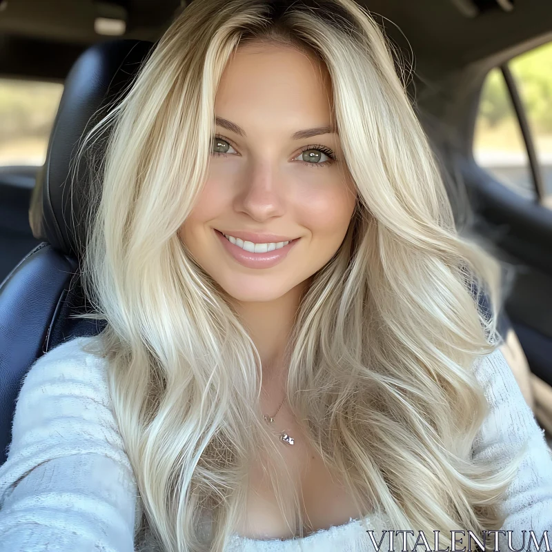 Blonde Woman's Selfie in Car AI Image