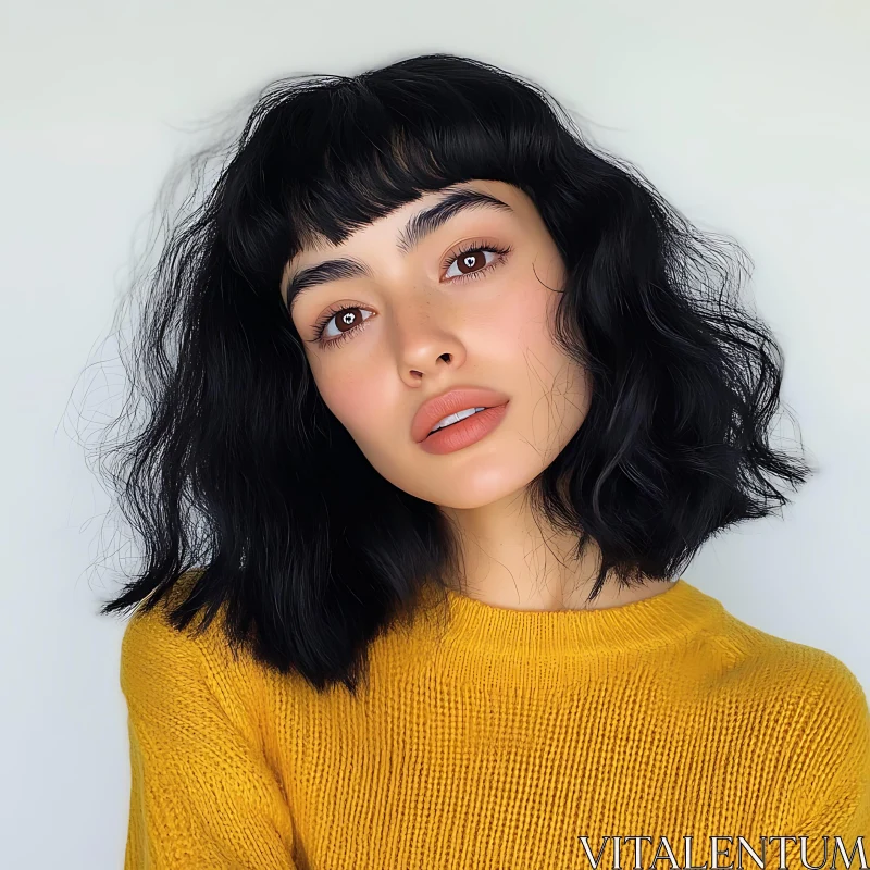 Serene Woman Portrait in Mustard Sweater AI Image