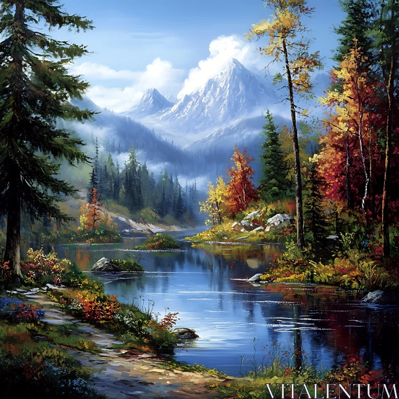 Peaceful Mountain Scene with Autumn Colors AI Image