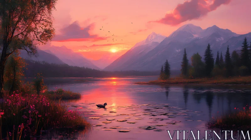 Majestic Sunset Over Mountain Lake AI Image