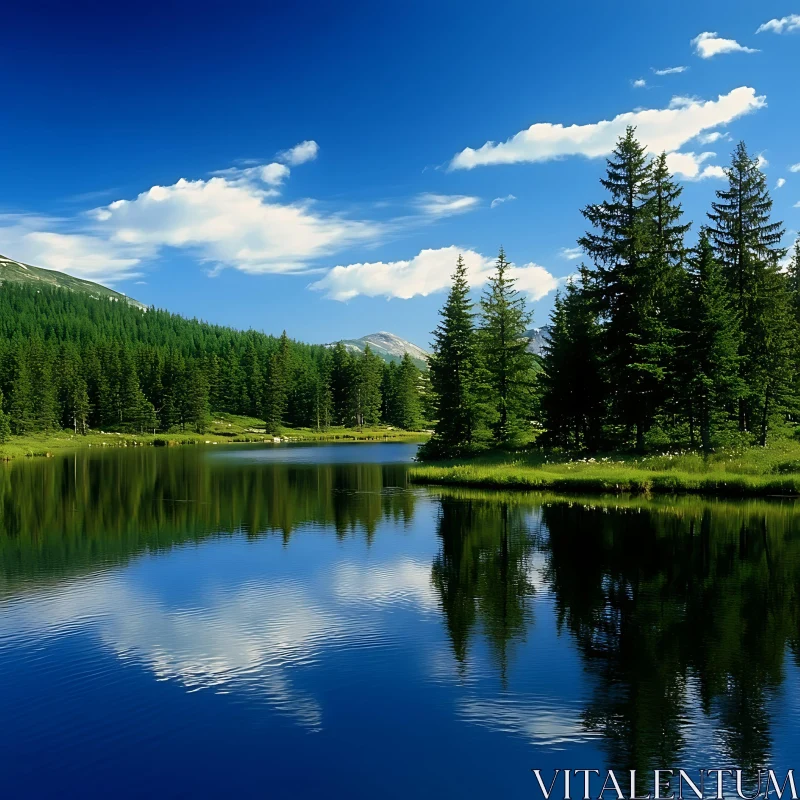 Peaceful Lake in Forested Area with Mountain View AI Image