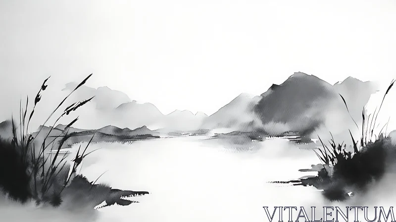 AI ART Serene Black and White Lakeside Scenery