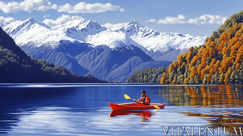 Serenity on the Water: Kayaking Through Autumn Splendor and Mountain Majesty AI Image