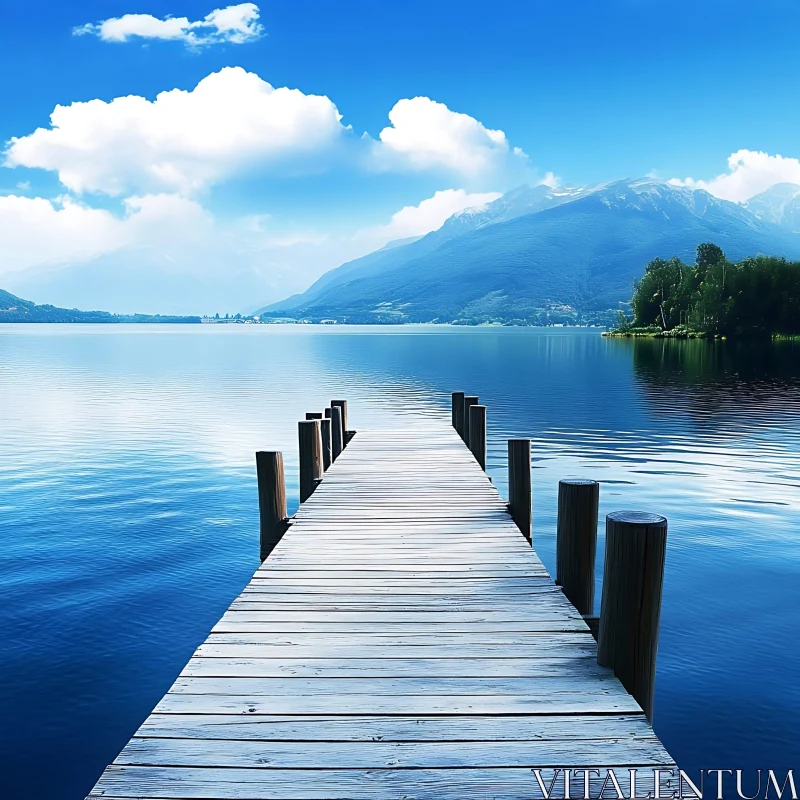 Tranquil Lake Pier with Mountainous Backdrop Tranquil Lake Pier with Mountainous Backdrop