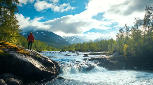 Hiker by a Peaceful River in Mountainous Forest Area