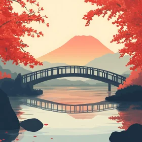 Peaceful Lake and Bridge with Autumn Foliage