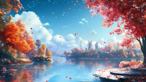 Autumn Scene with Red and Orange Leaves by a Tranquil Lake