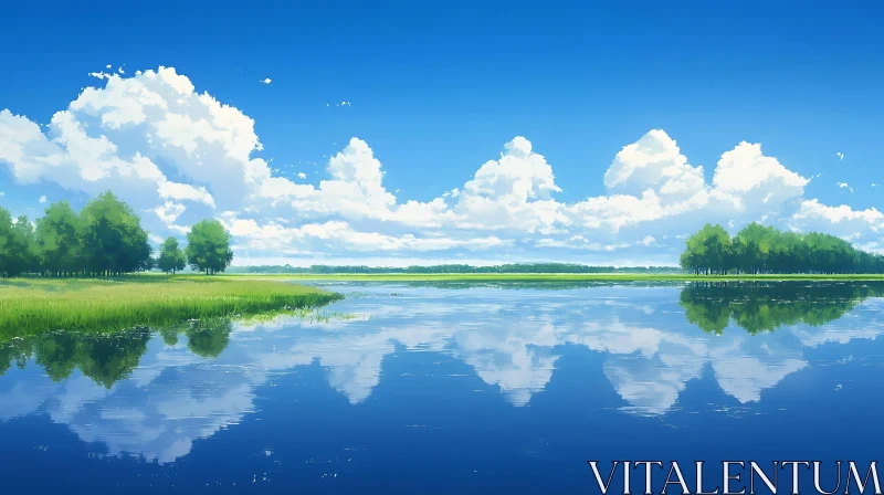 Tranquil Lake Under Clear Blue Sky