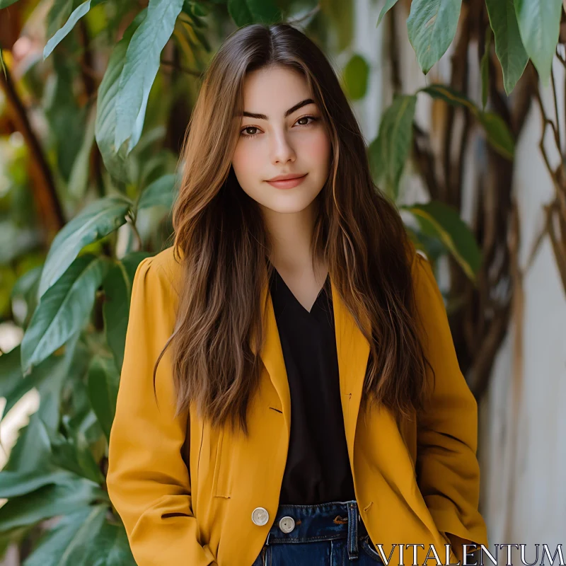 Stylish Woman Posing in Yellow Jacket Amidst Greenery Stylish Woman Posing in Yellow Jacket Amidst Greenery