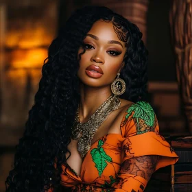 Fashionable Woman with Curly Hair and Jewelry