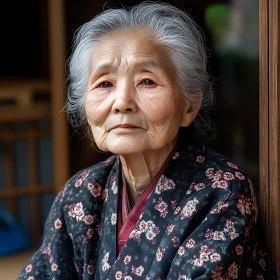 Serene Elderly Woman in Floral Kimono