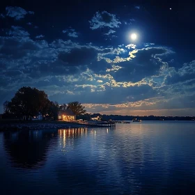 Serene Lakeside Night Scene with Moonlight