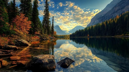 Tranquil Lake Surrounded by Autumnal Trees and Mountains