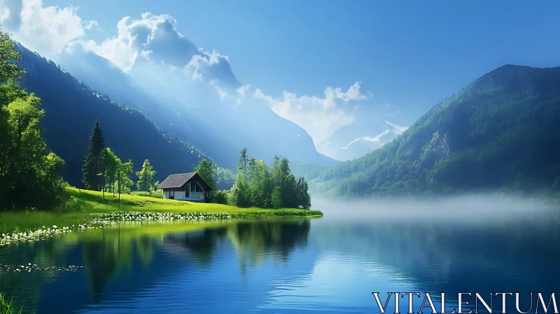Peaceful Mountain Lake with Reflective Waters and Cabin Peaceful Mountain Lake with Reflective Waters and Cabin