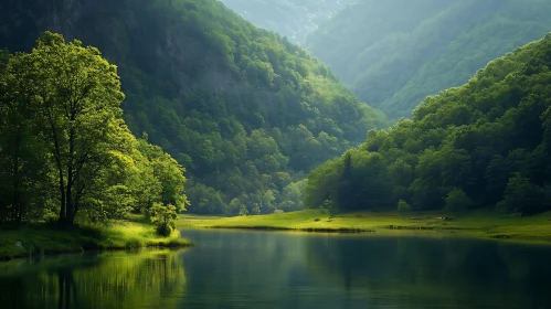 Peaceful Lake in Verdant Mountain Valley