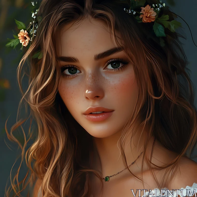Graceful Woman with Flower Crown and Green Eyes Graceful Woman with Flower Crown and Green Eyes