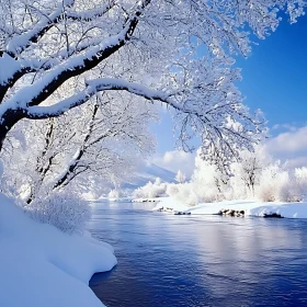 Tranquil Winter Landscape with Snowy River