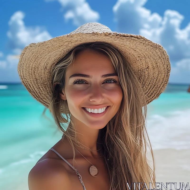 Young Woman at Beach with Straw Hat AI Image