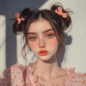 Freckled Girl with Hair Buns and Floral Dress