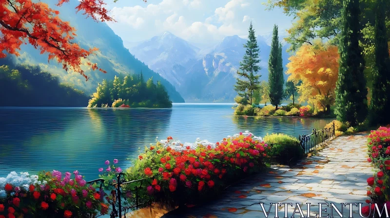 Enchanting Lakeside View in Autumn AI Image