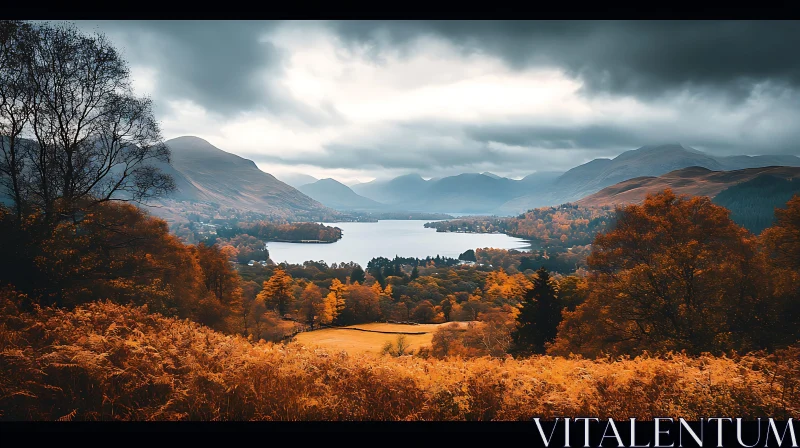 Tranquil Autumnal Lake with Mountain Backdrop AI Image