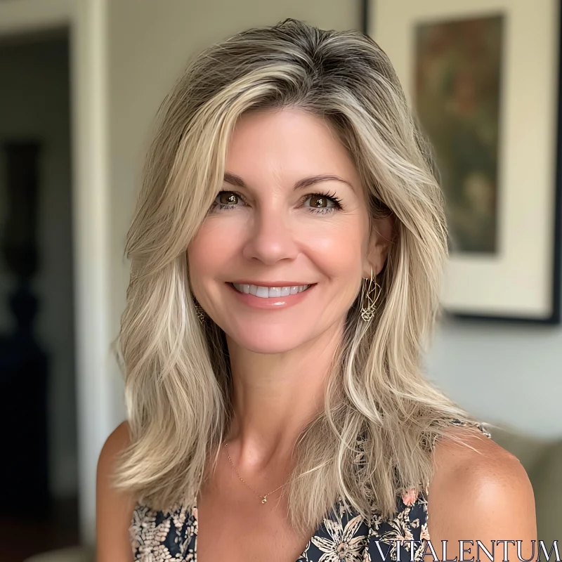 Smiling Blonde Woman in Beautiful Indoor Setting AI Image