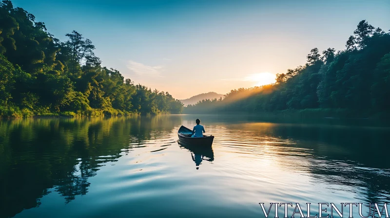 Calm Lake Canoeing at Sunrise AI Image