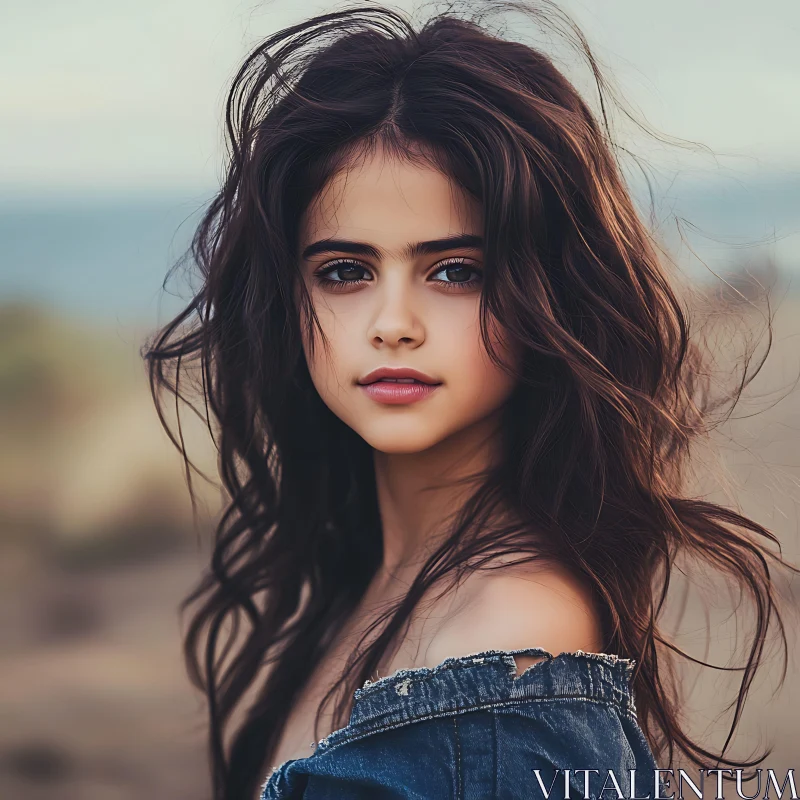 Young Woman with Wavy Hair and Denim Jacket AI Image