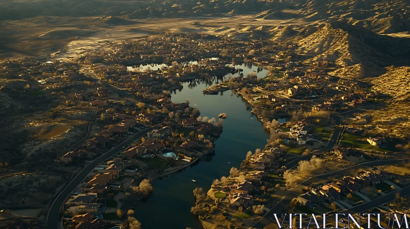 Sunlit Suburban Lakeside from Above AI Image