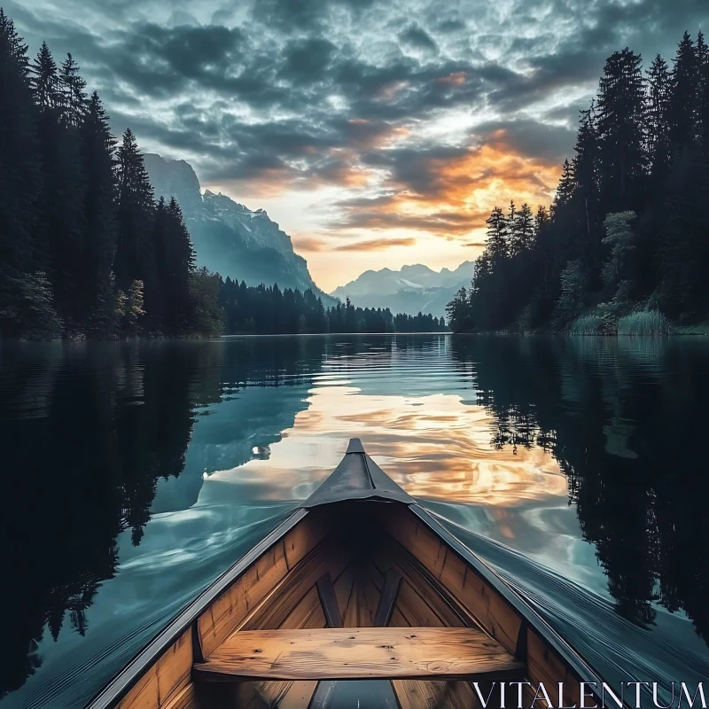 Peaceful Canoe Ride at Sunset on Tranquil Lake AI Image