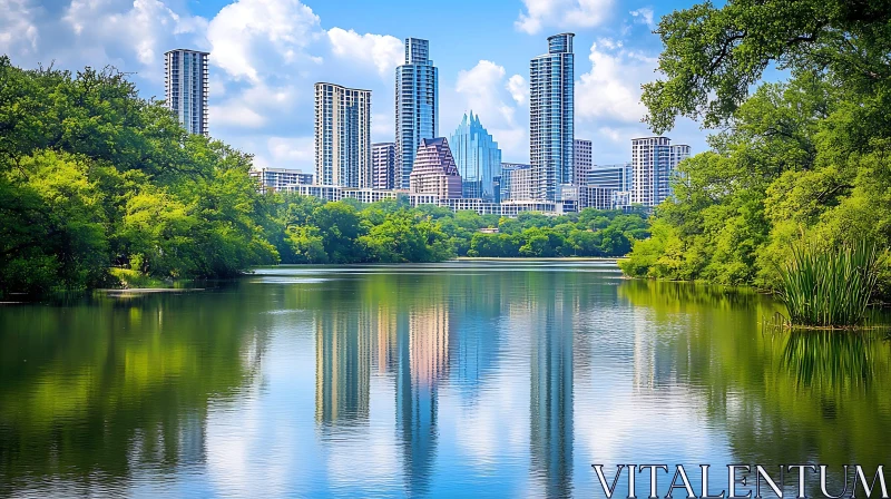 Modern Skyline Overlooking a Tranquil Lake AI Image