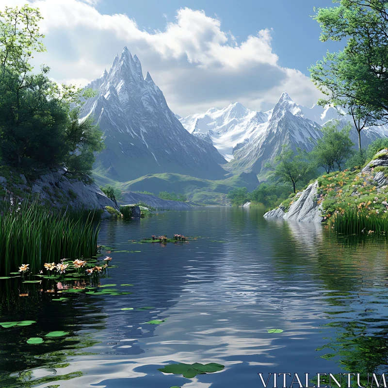 AI ART Serene Mountain Lake amidst Snow-Capped Peaks