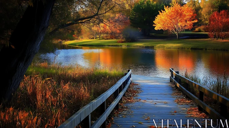 Autumn Foliage and Tranquil Lake Bridge AI Image