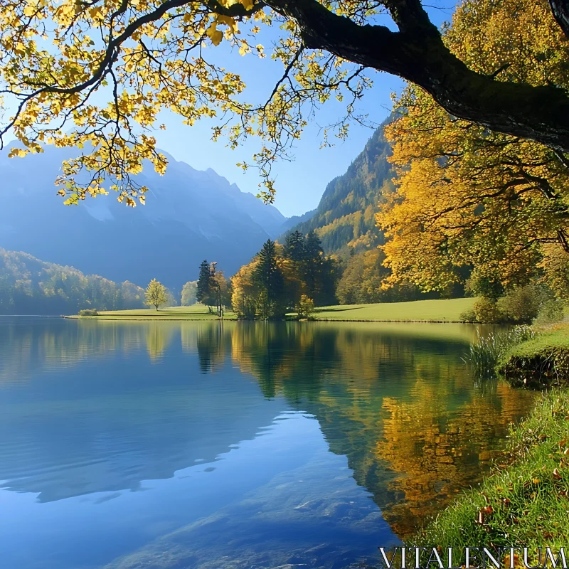 Tranquil Lake Scene with Autumn Trees and Mountains AI Image