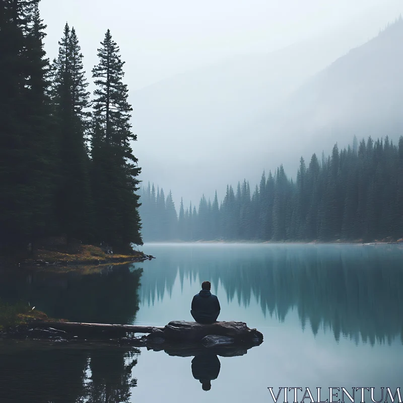 Solitary Contemplation by Misty Forest Lake AI Image