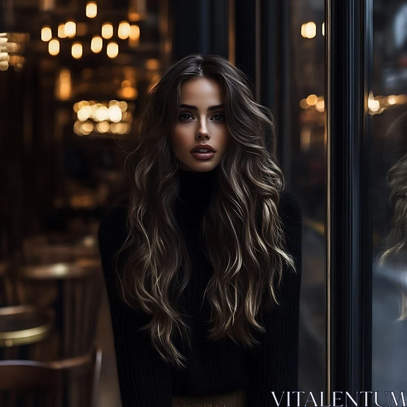 Stylish Woman with Long Hair in Cafe Ambiance AI Image