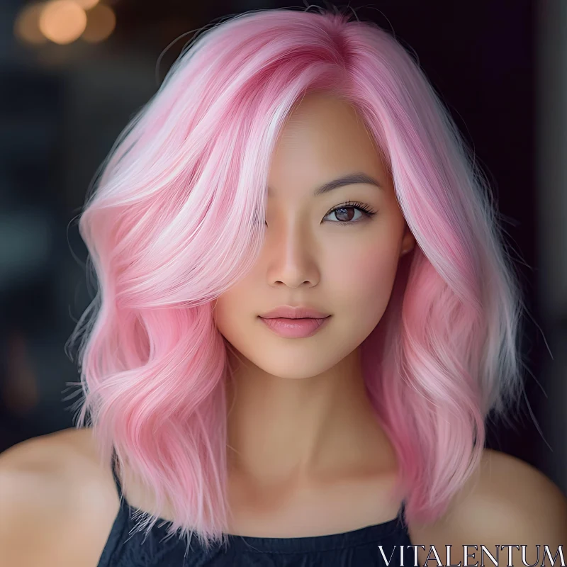 Serene Woman with Pink Wavy Hair in Black Top AI Image