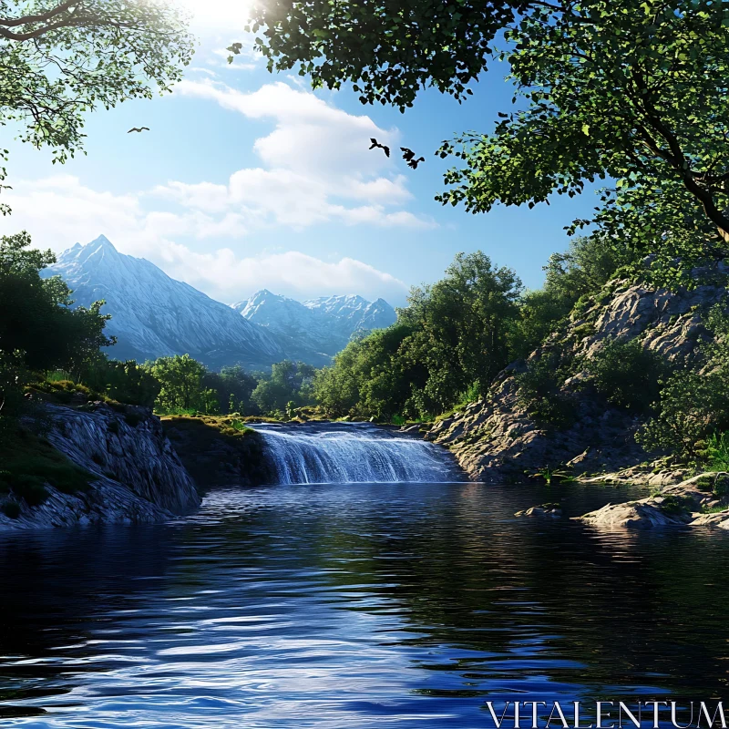 Peaceful River with Waterfall and Mountain View AI Image