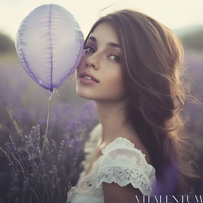 Young Woman with Lavender Balloon in Field AI Image