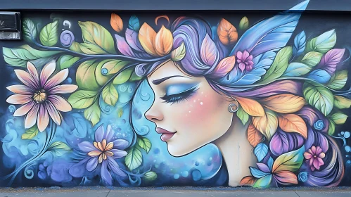 Urban Art Depicting Woman with Flower and Leaf Hair