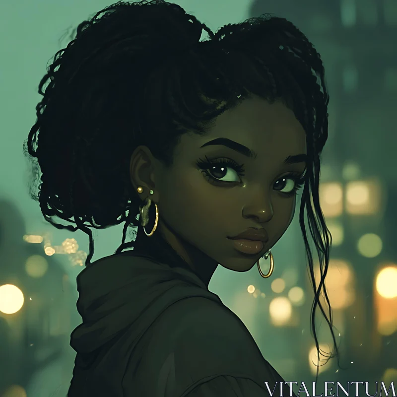 Urban Night Portrait of a Woman with Afro Hairstyle AI Image