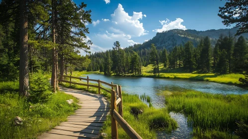 Wooden Pathway in a Lush Forest by a Panoramic River