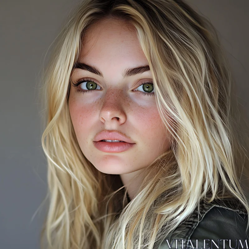 Blonde Woman with Freckles and Green Eyes - Close-Up Portrait AI Image