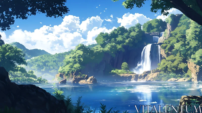 Majestic Waterfall in Serene Natural Setting AI Image