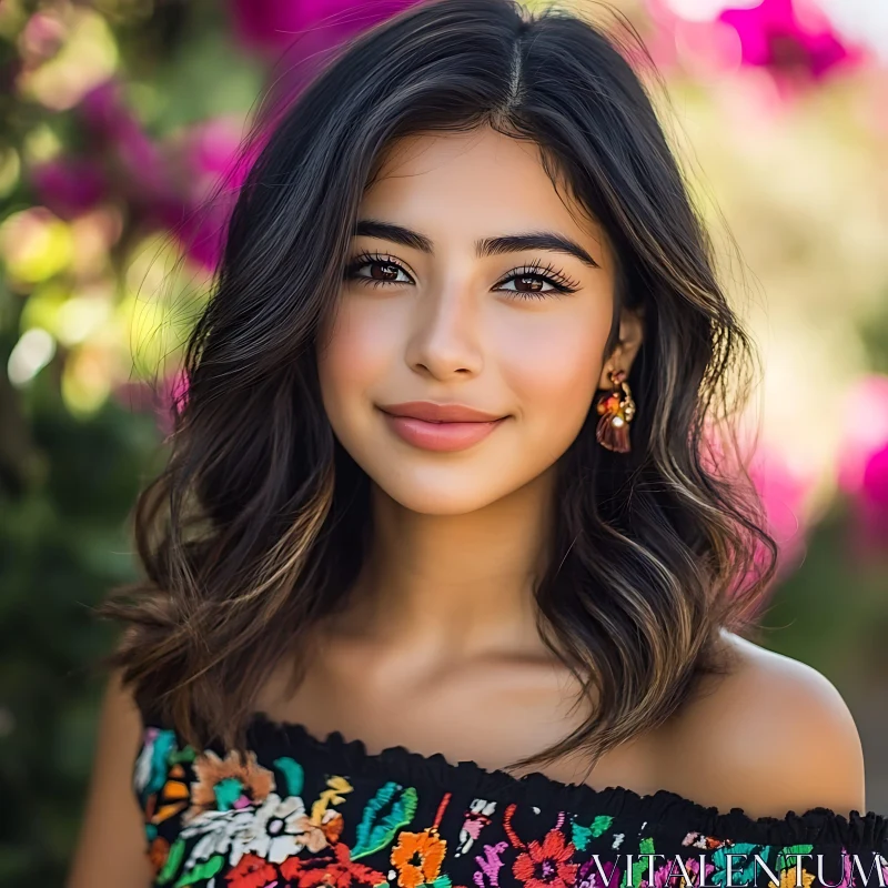 Young Woman's Charming Portrait with Floral Background AI Image