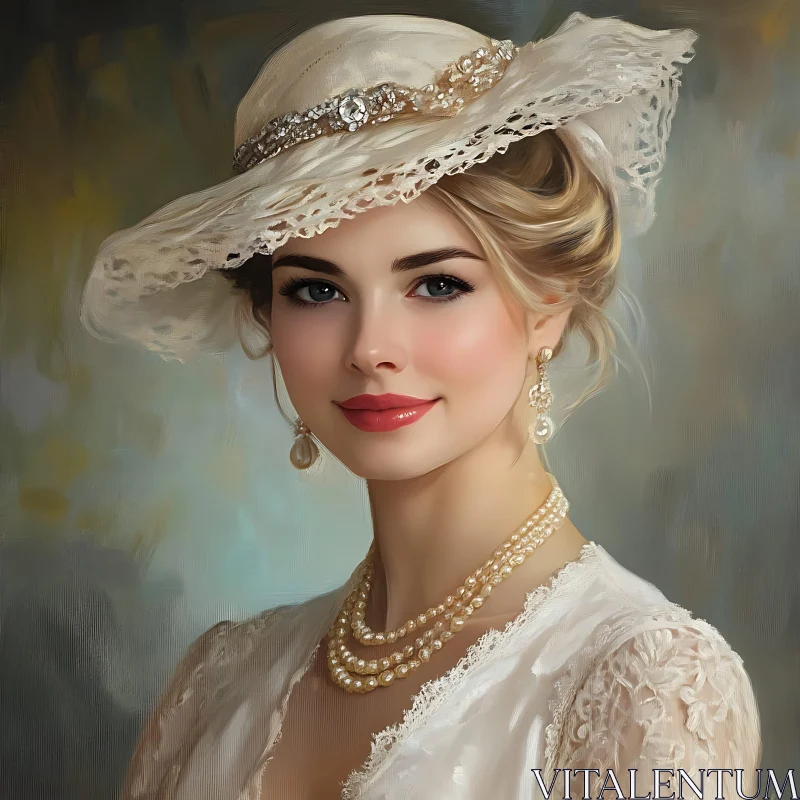 Timeless Woman Portrait with Lace Hat and Pearls AI Image