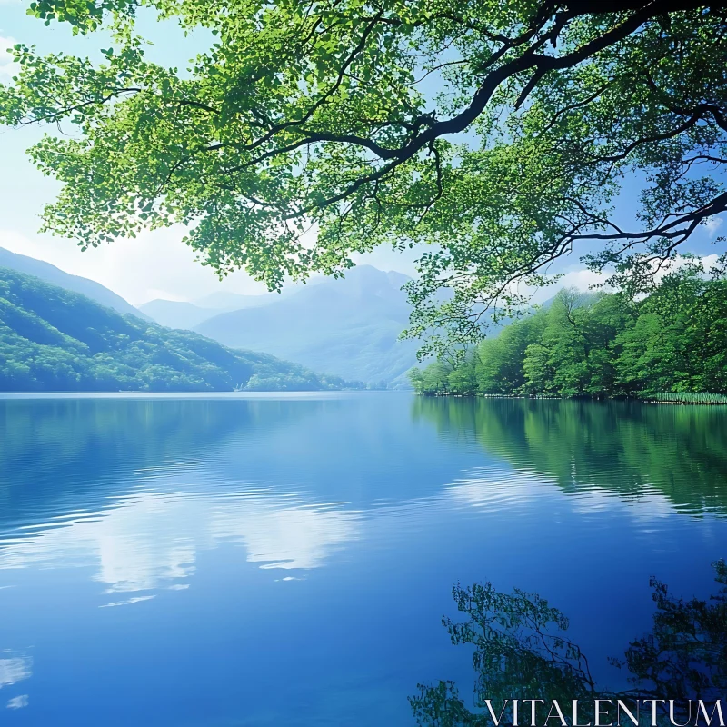 Peaceful Lake Amidst Majestic Mountains AI Image