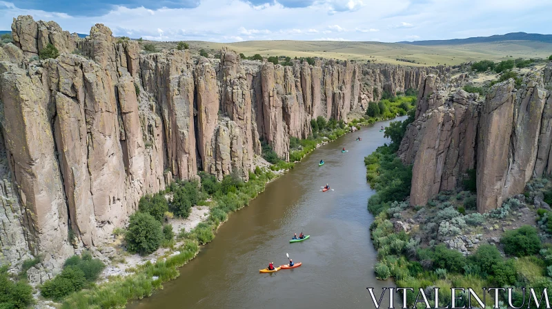 Kayakers Explore Serene River Flanked by Towering Cliffs AI Image