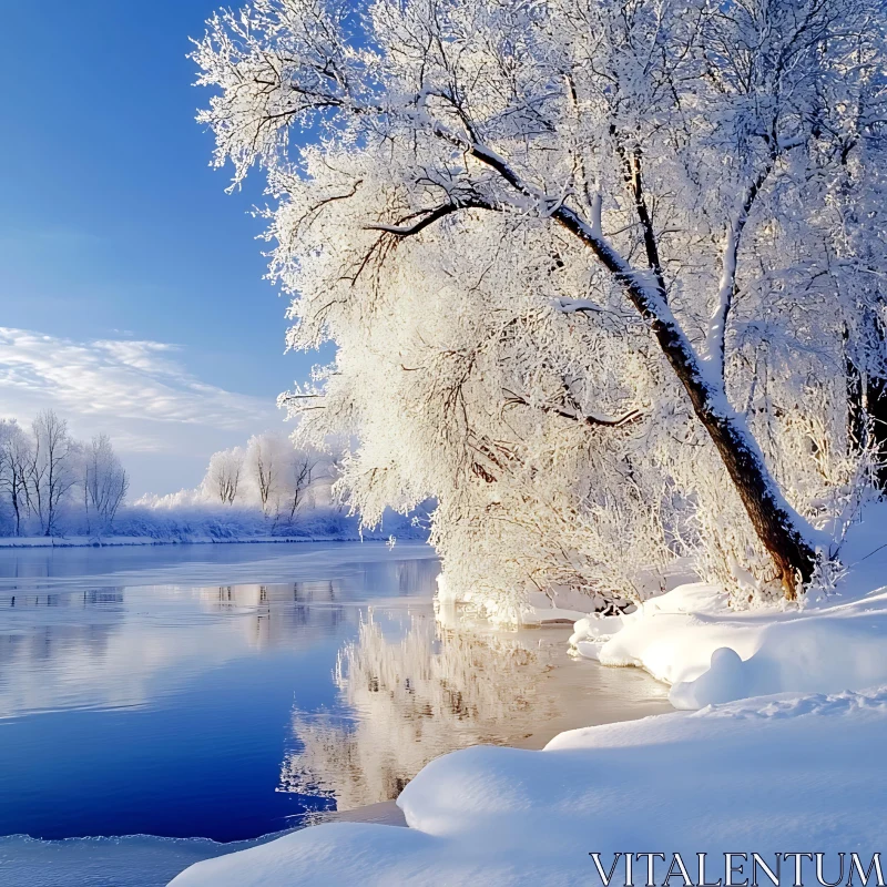 Snow-Covered Trees Reflecting in a Tranquil River AI Image