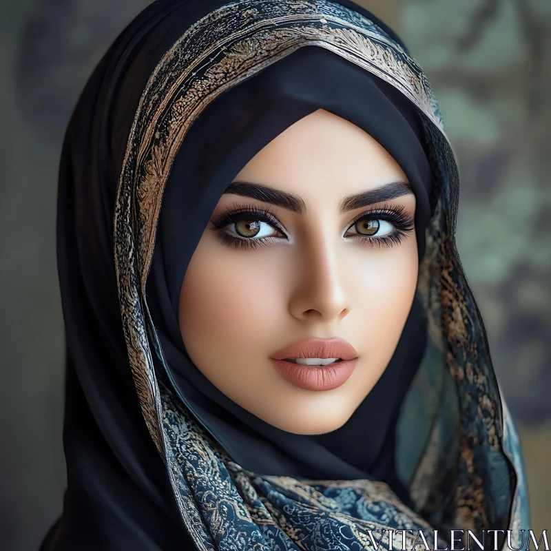 Graceful Woman with Intricately Adorned Hijab AI Image